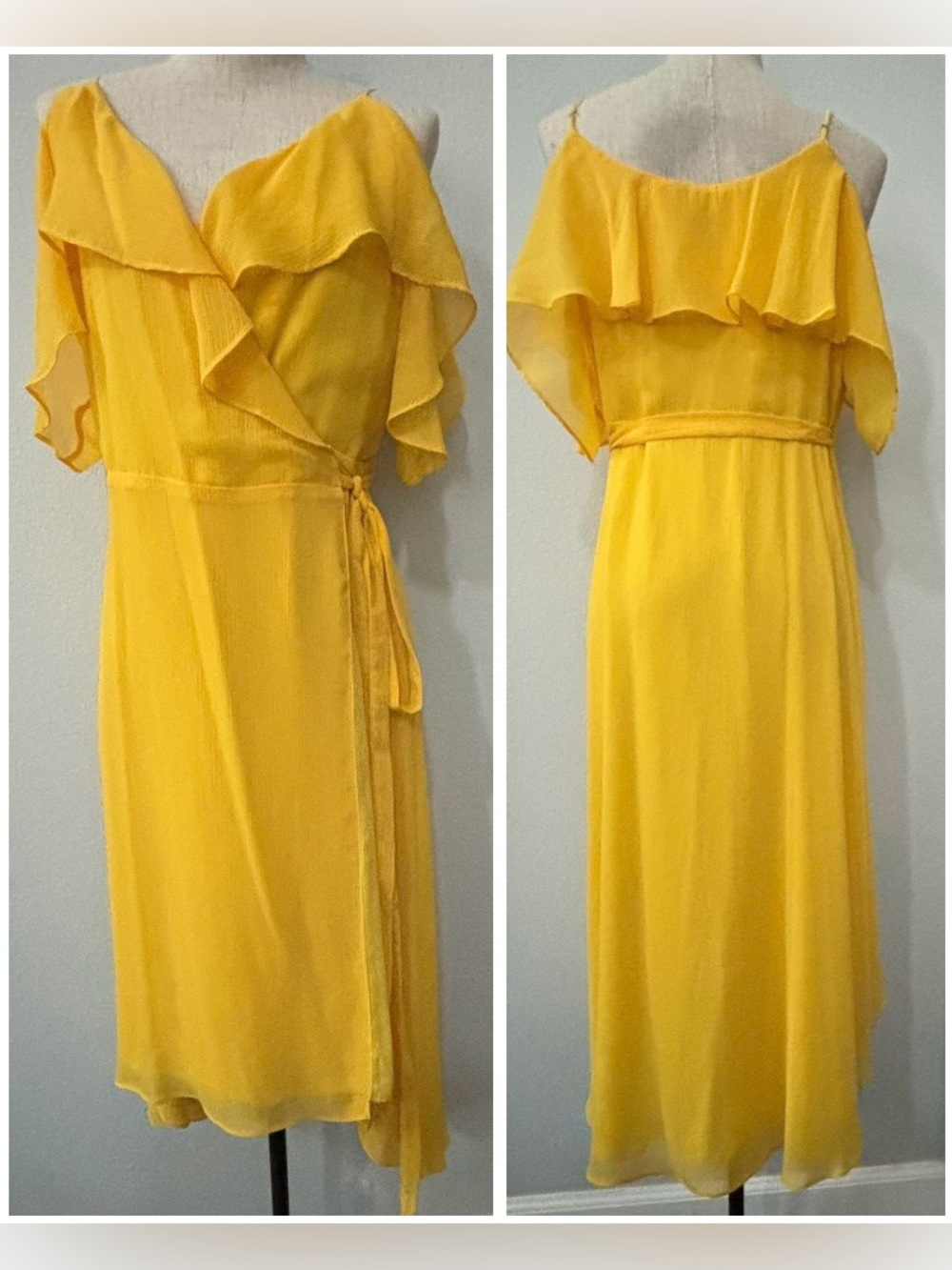 WAYF yellow ruffle wrap midi dress w/ flutter sleeves - size L